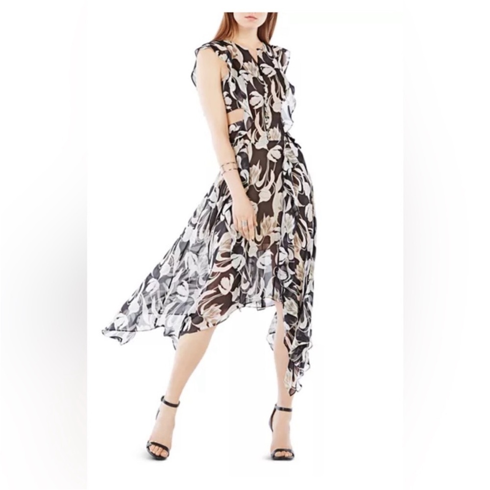 BCBGMaxAzria JANN Black and Cream Asymmetrical Floral-Print Dress
